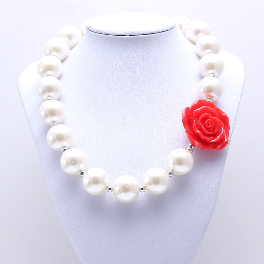 Wholesale Red Flower Beige Pearl Children's Beaded Necklace